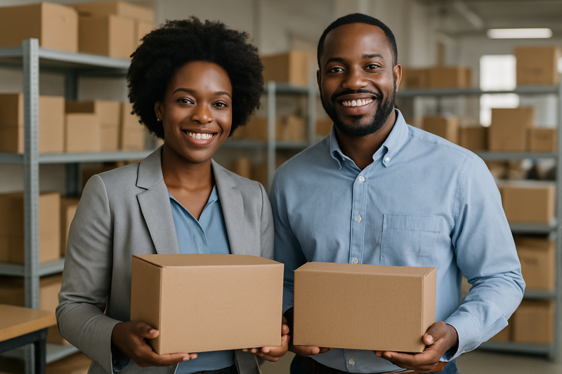 Black woman and man holding boxes